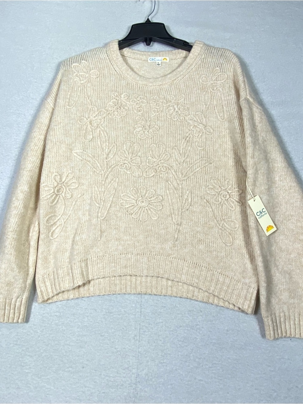 C&C California Floral Embroidered Knit Sweater Women's 1X Cream Pullover NWT